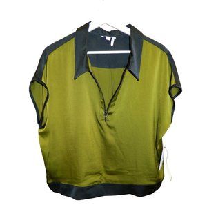 DKNY Womens Olive & Black Colorblock Satin Look Zip-Front Blouse Size L 100%Poly
